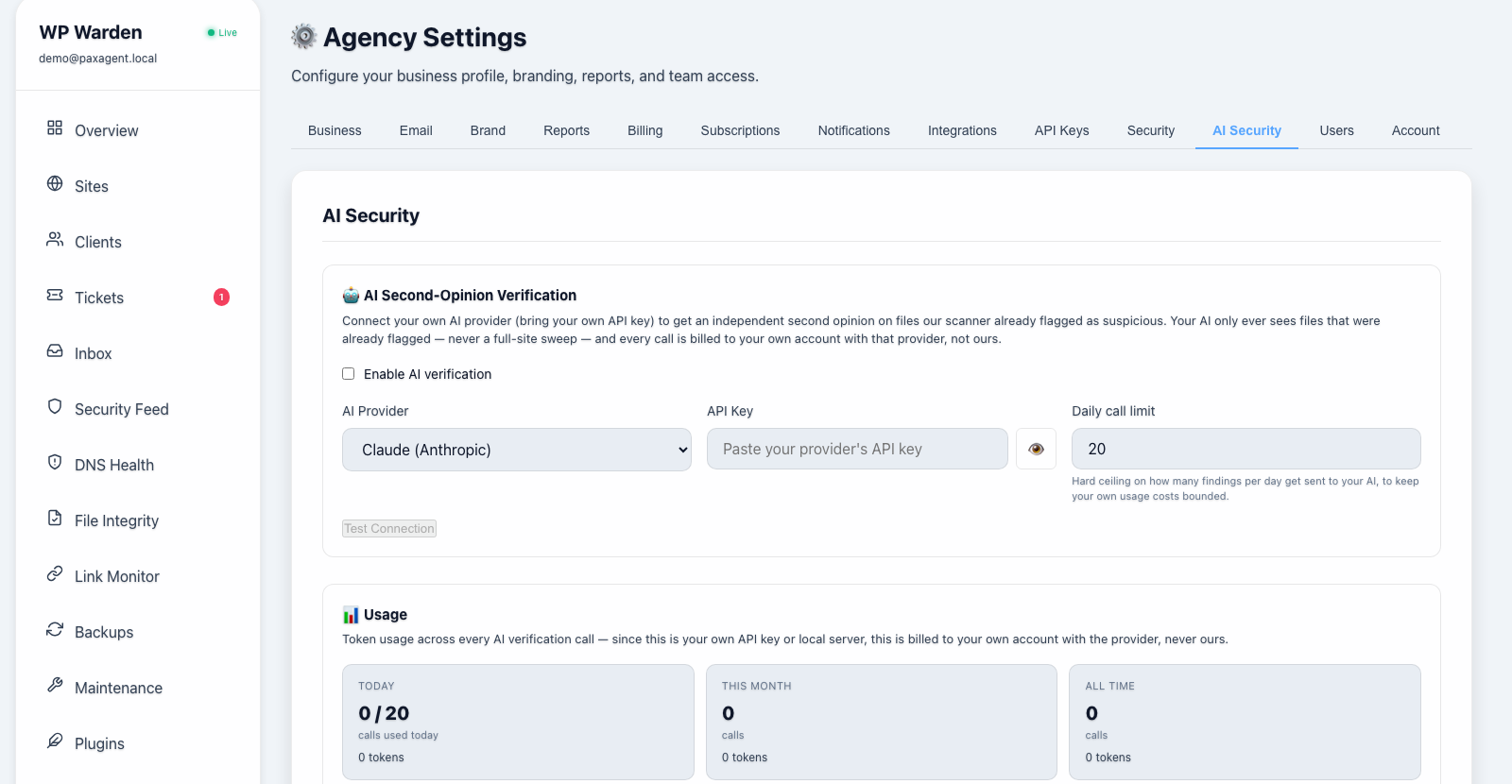 AI-assisted security verification — WP Warden Settings screenshot
