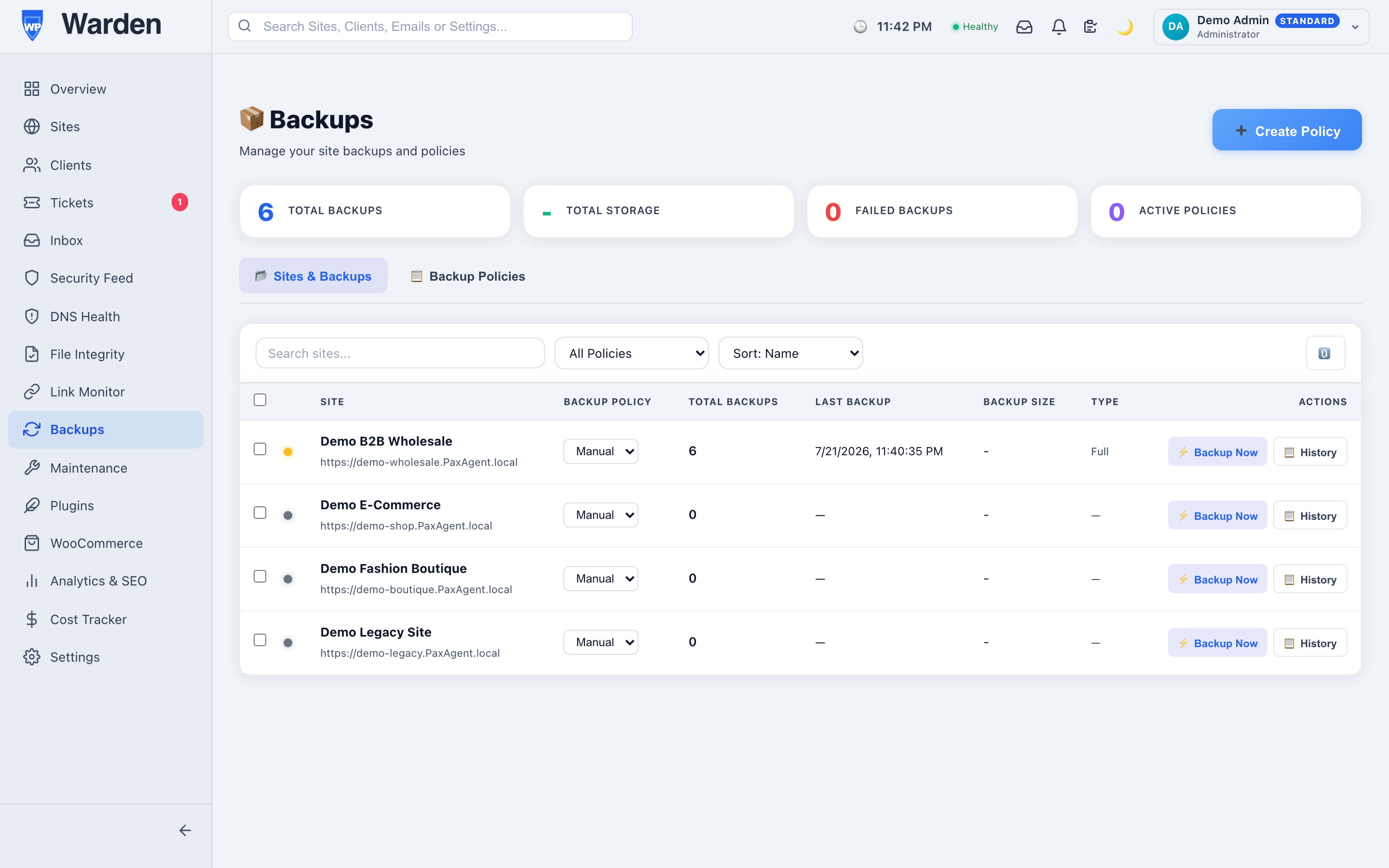 backup system — WP Warden dashboard screenshot
