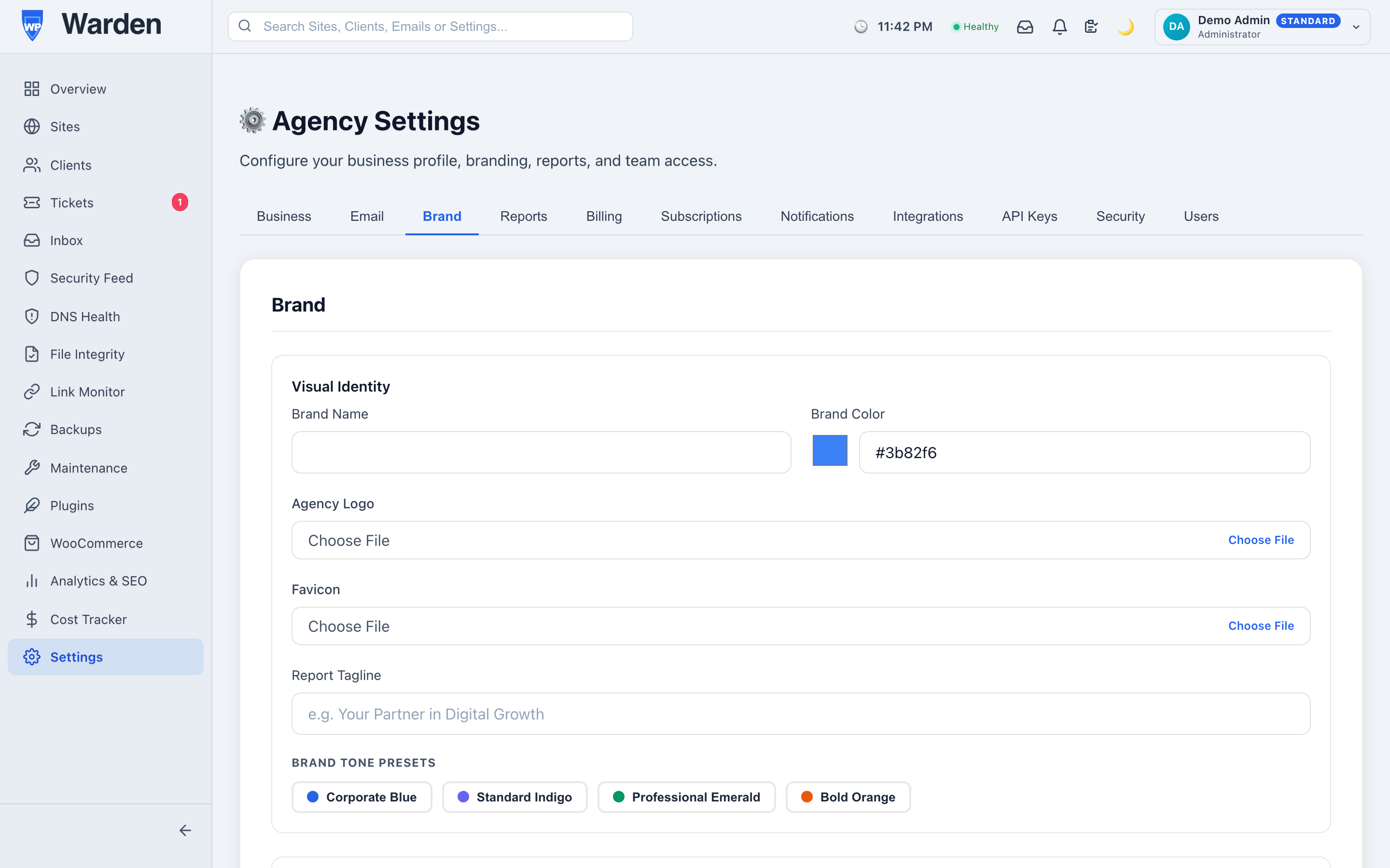 brand identity white labeling — WP Warden dashboard screenshot