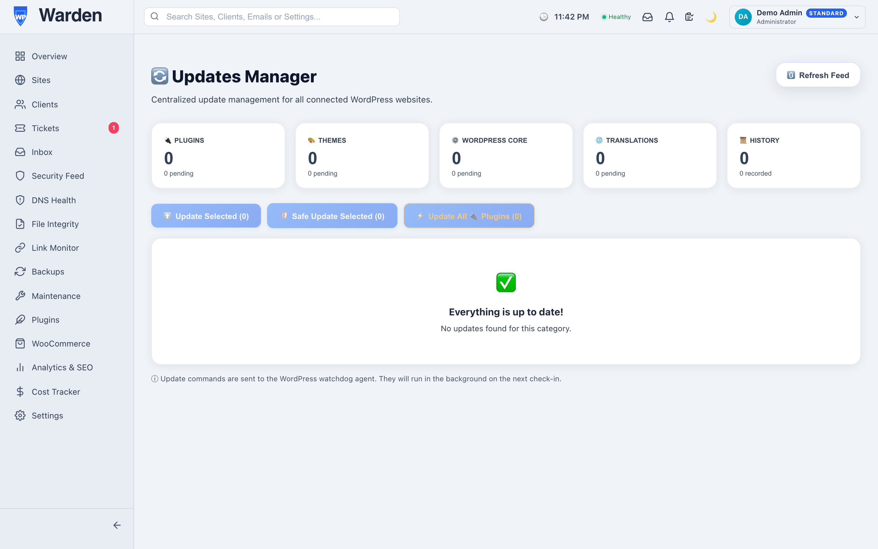 bulk updates — WP Warden dashboard screenshot