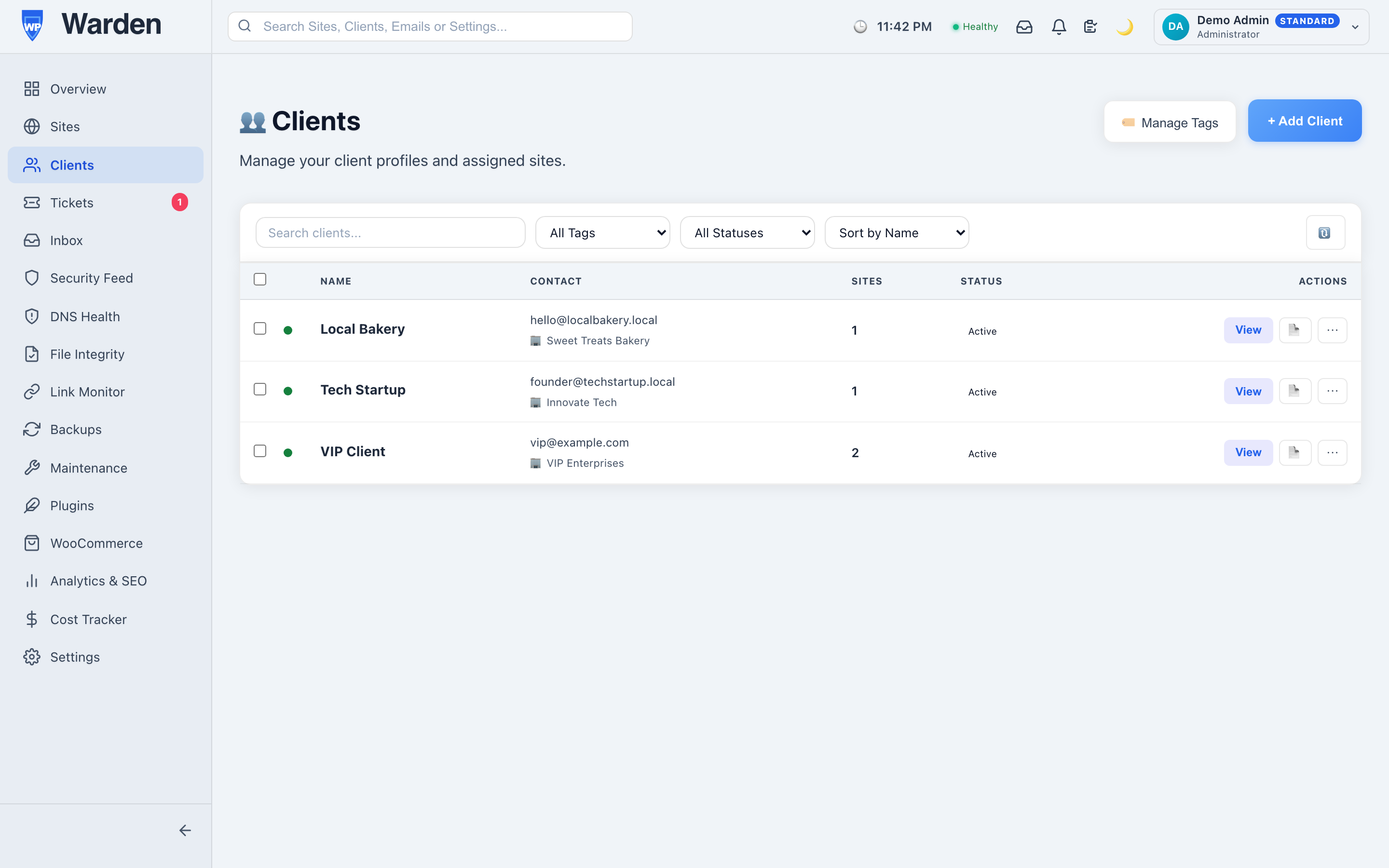 client management — WP Warden dashboard screenshot