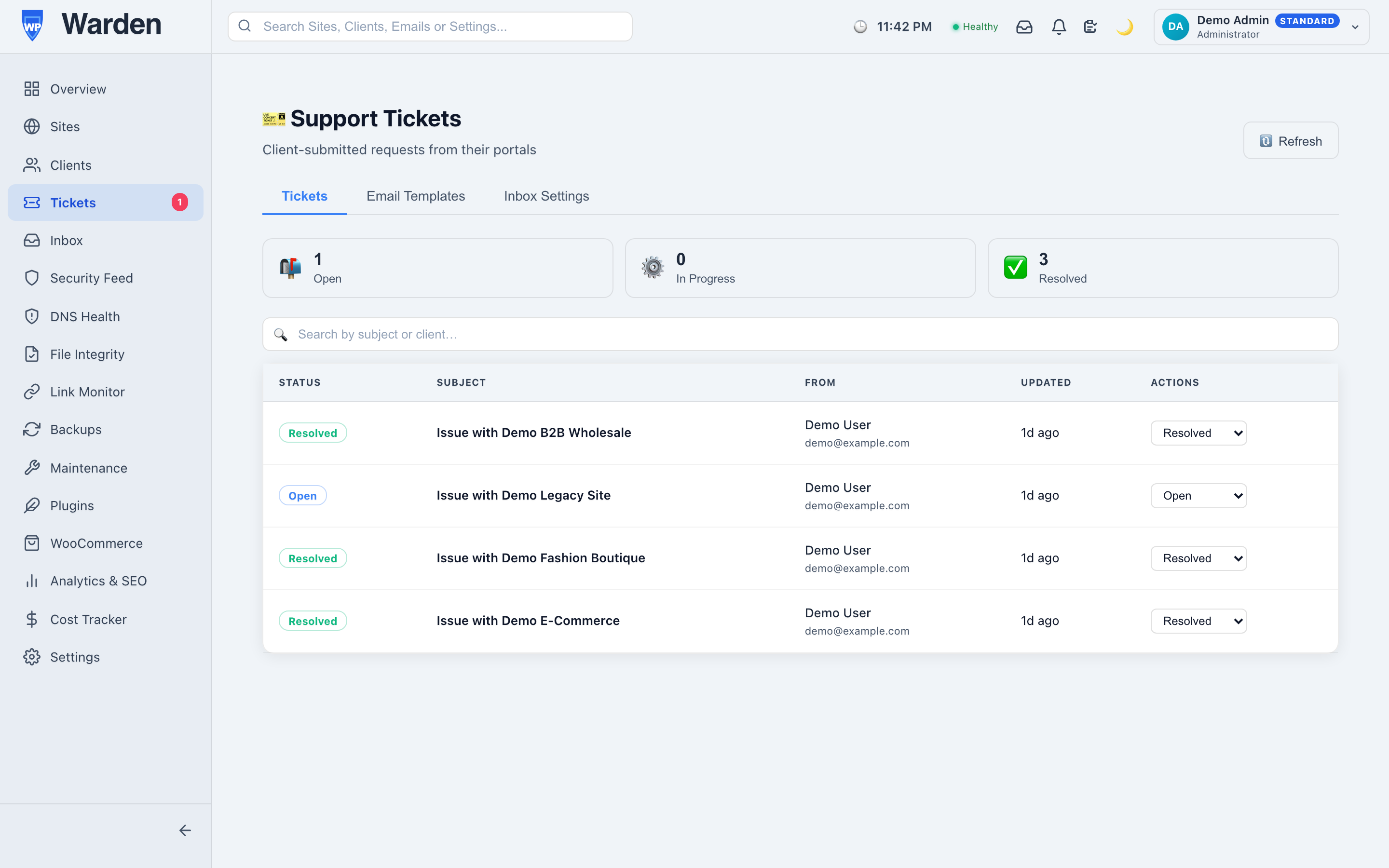 client support tickets — WP Warden dashboard screenshot
