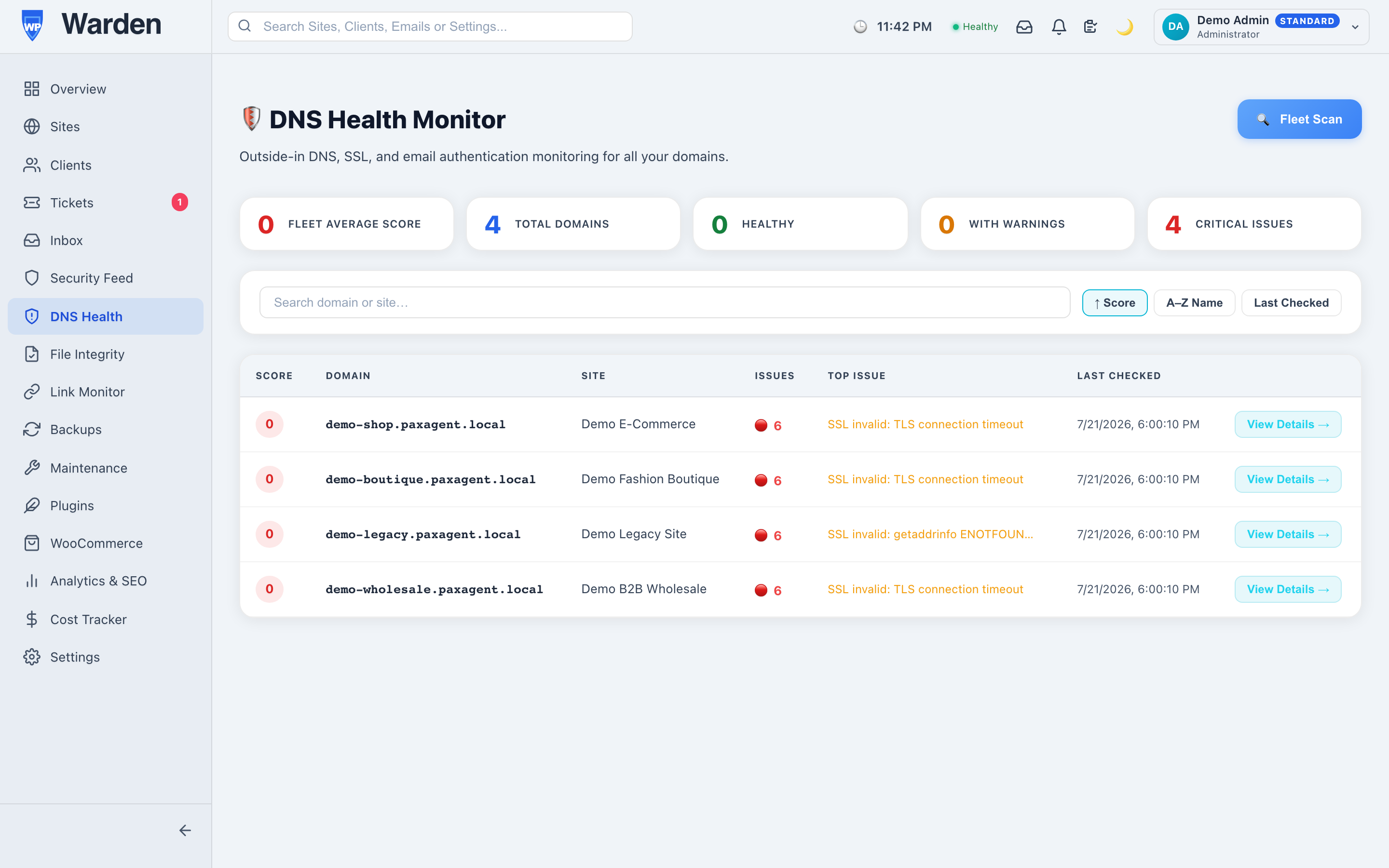 dns health monitoring — WP Warden dashboard screenshot