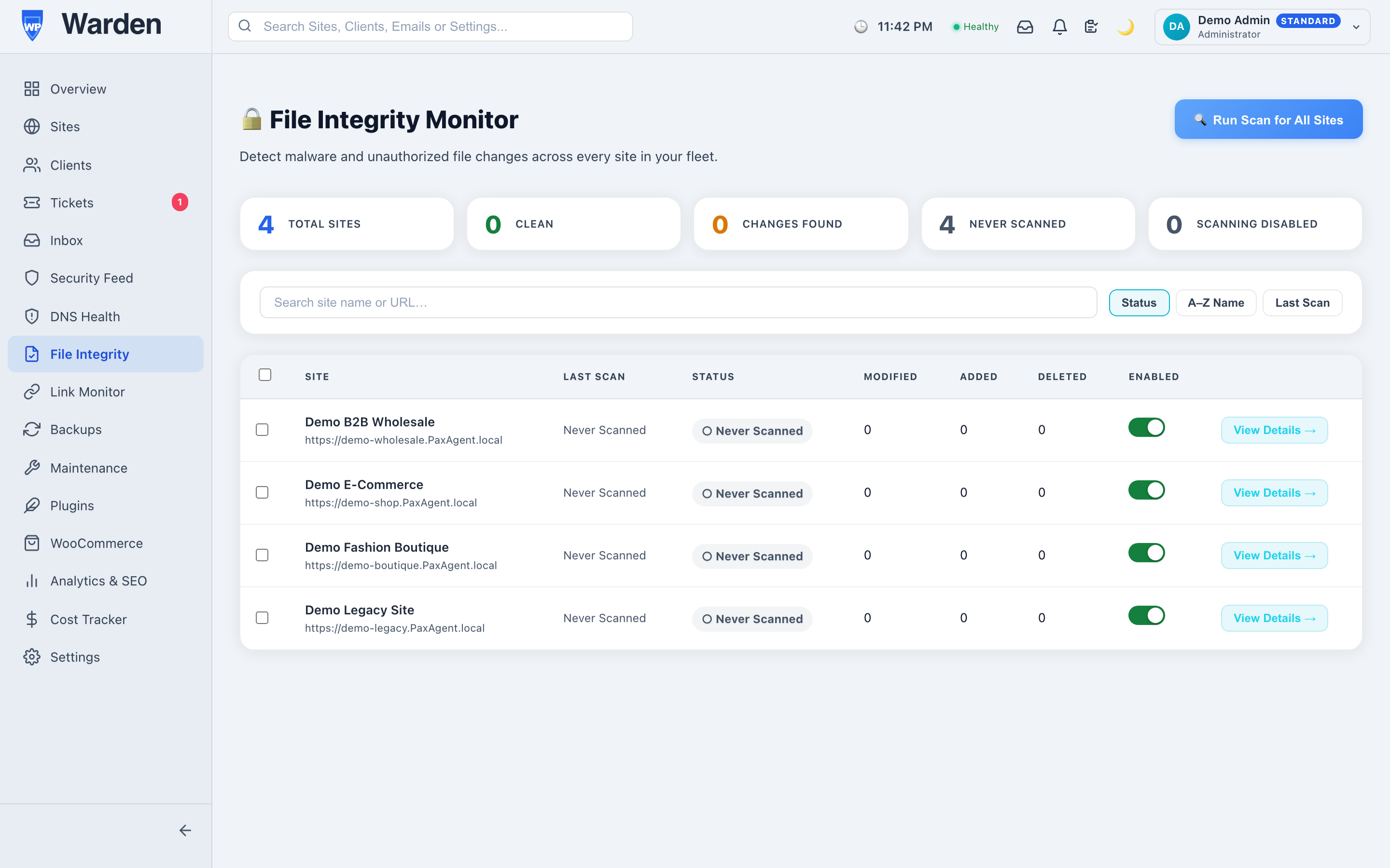 file integrity and malware protection — WP Warden dashboard screenshot
