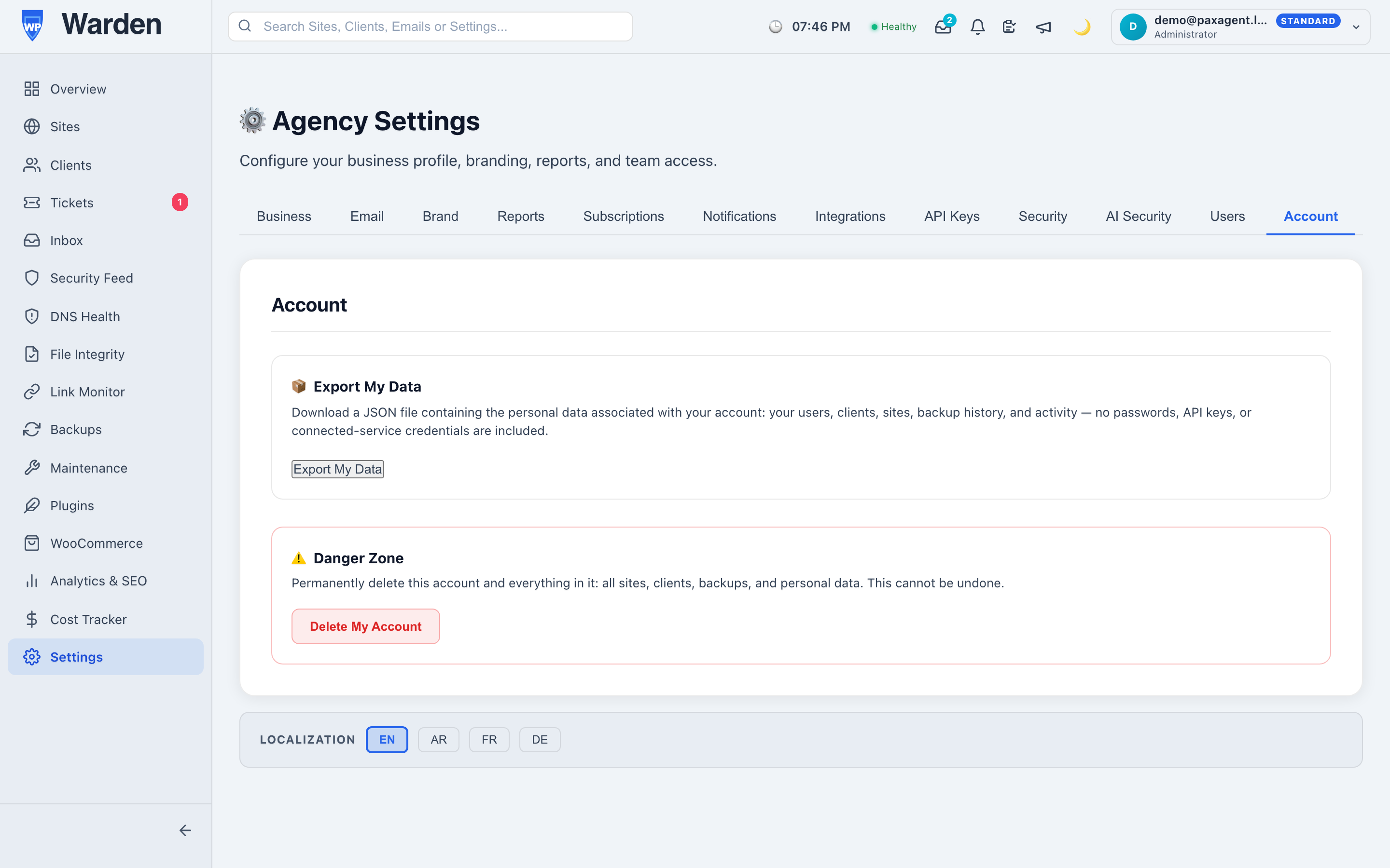 WP Warden account settings screen showing GDPR data export and account erasure options