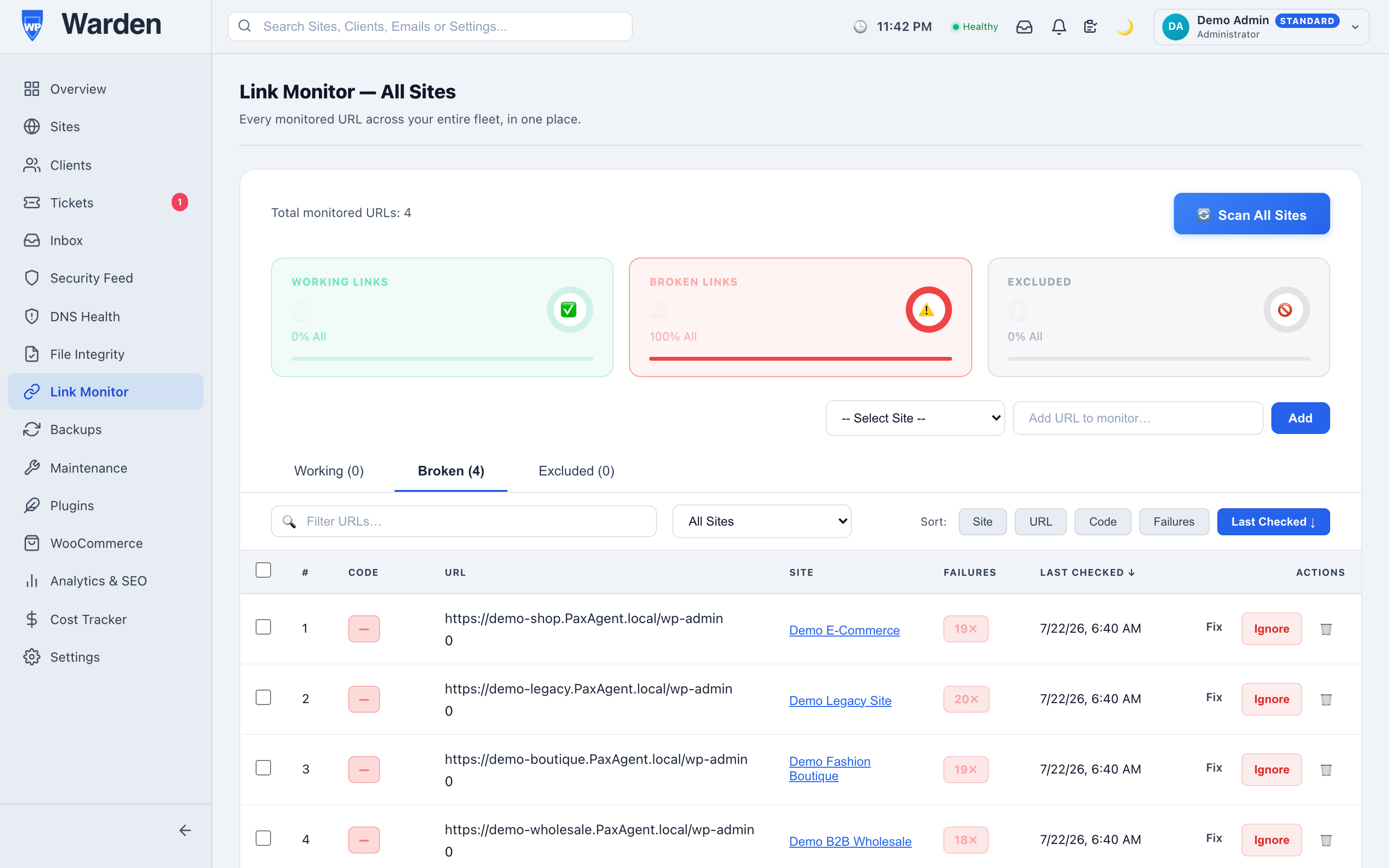 link monitor — WP Warden dashboard screenshot