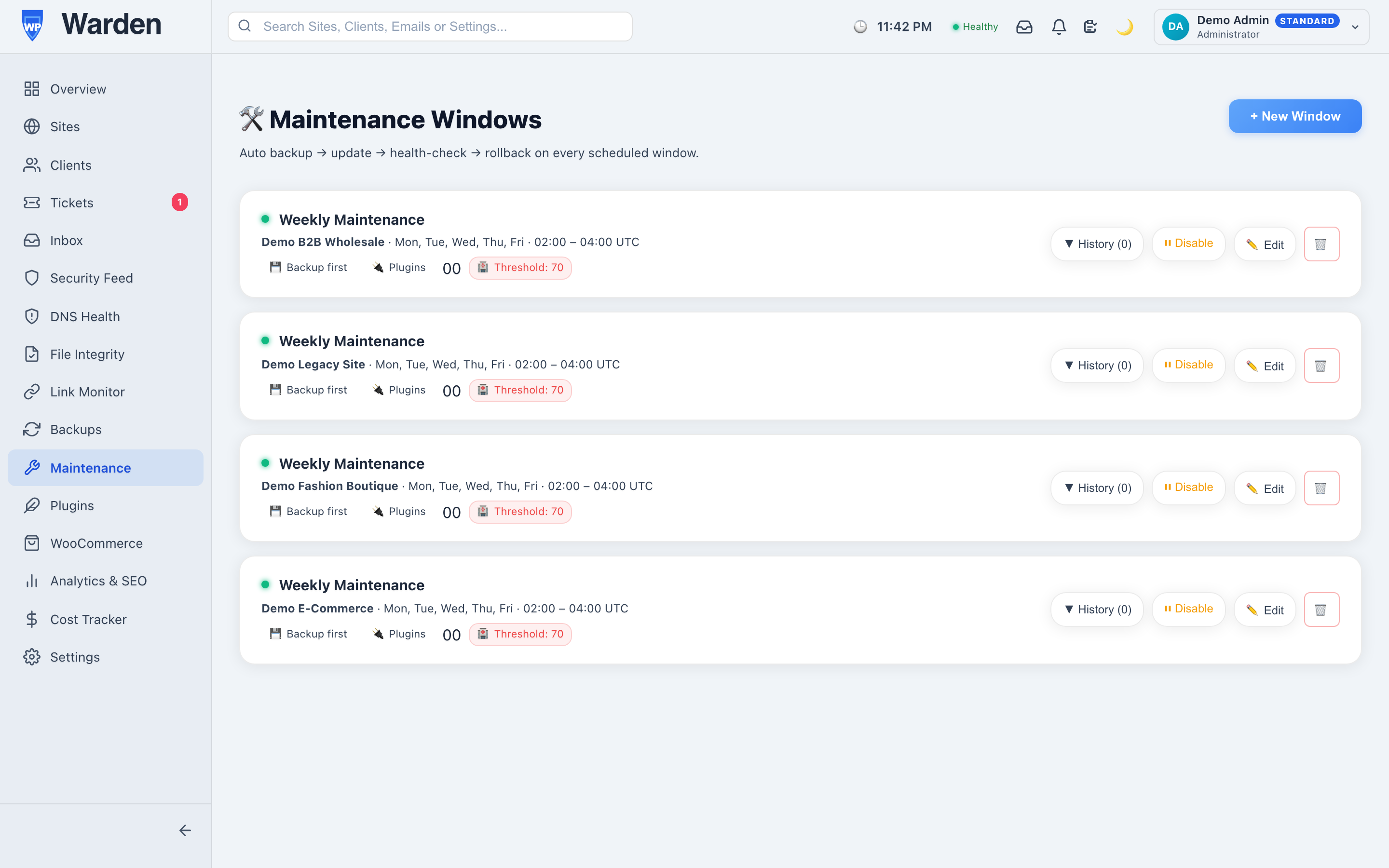 maintenance windows — WP Warden dashboard screenshot