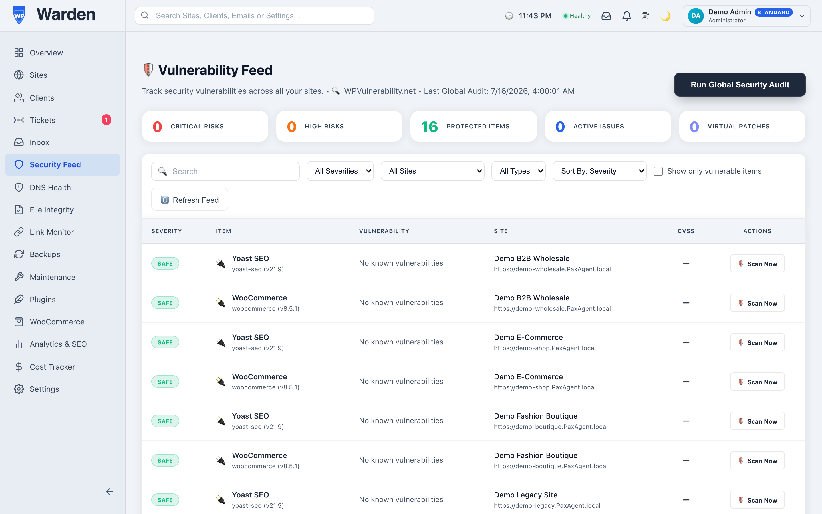 patchstack security integration — WP Warden dashboard screenshot