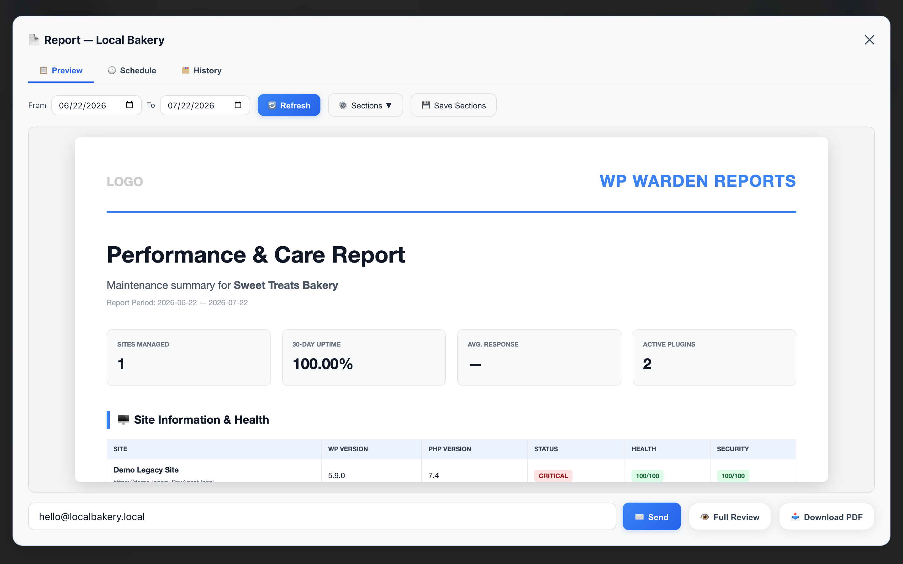 professional reporting — WP Warden dashboard screenshot
