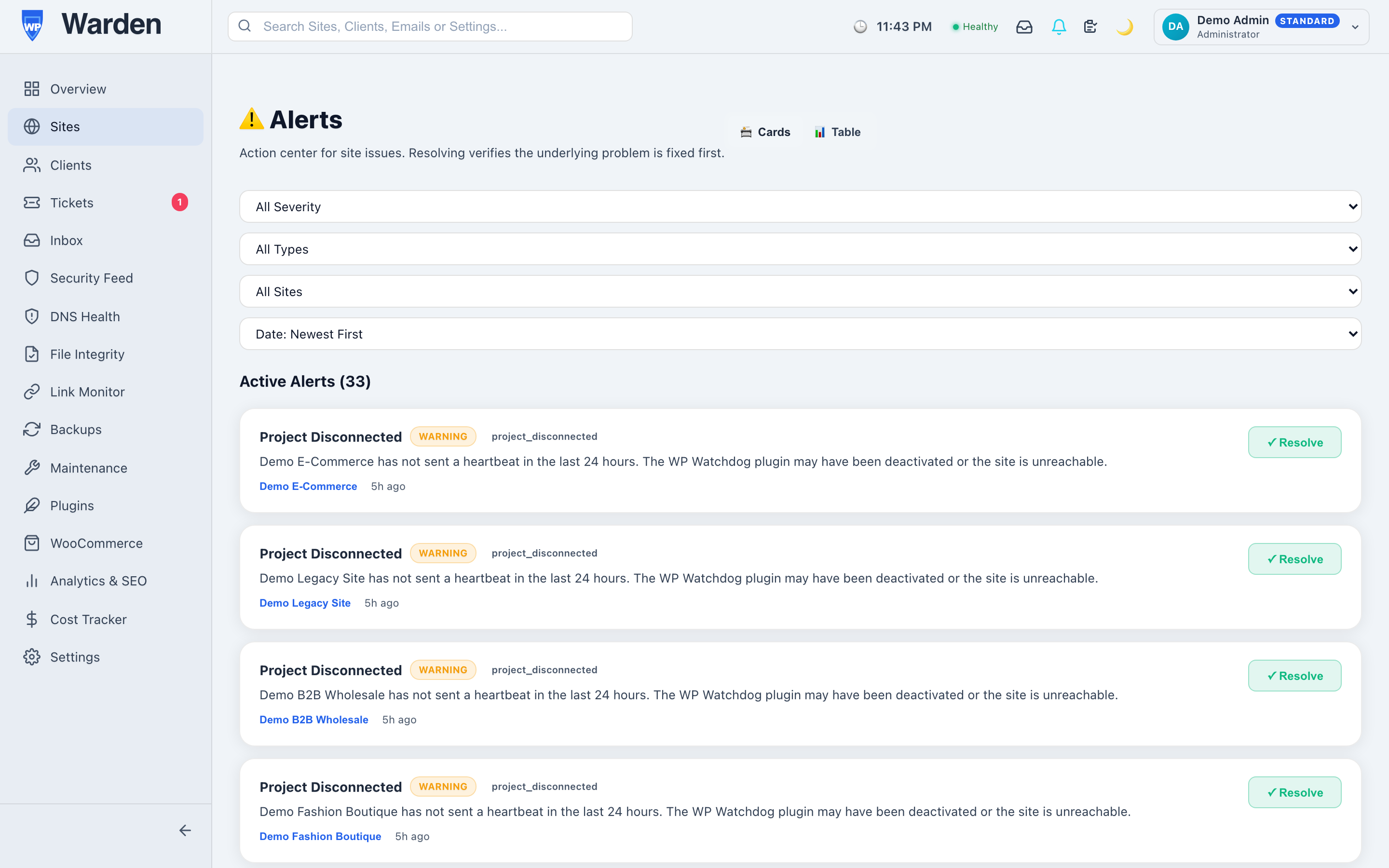 real time websocket notifications — WP Warden dashboard screenshot