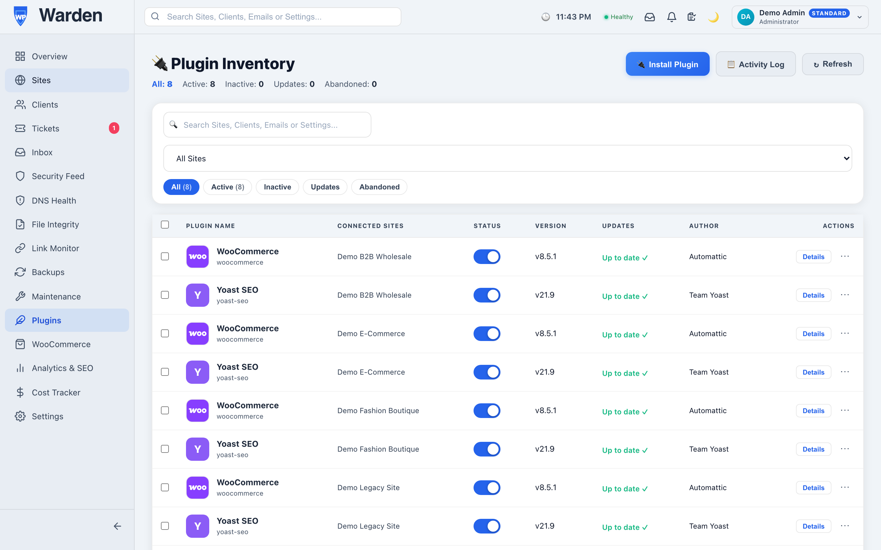 remote plugin installation wordpressorg browser — WP Warden dashboard screenshot