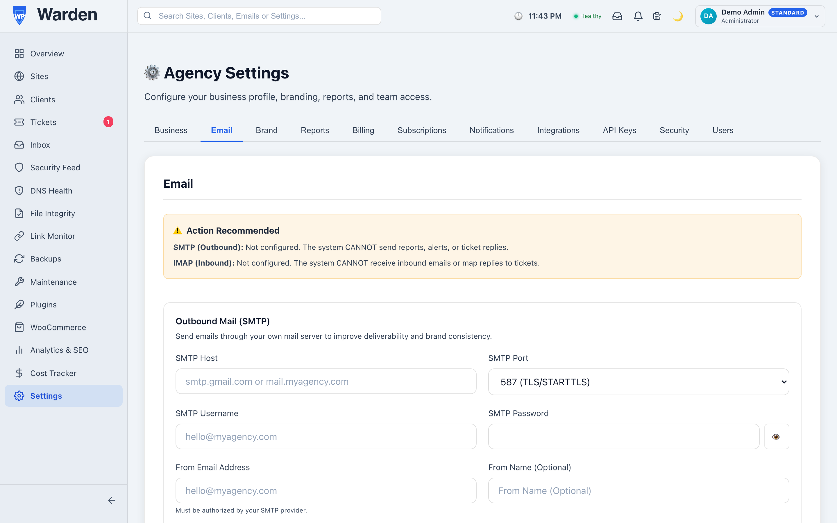 settings smtp configuration — WP Warden dashboard screenshot