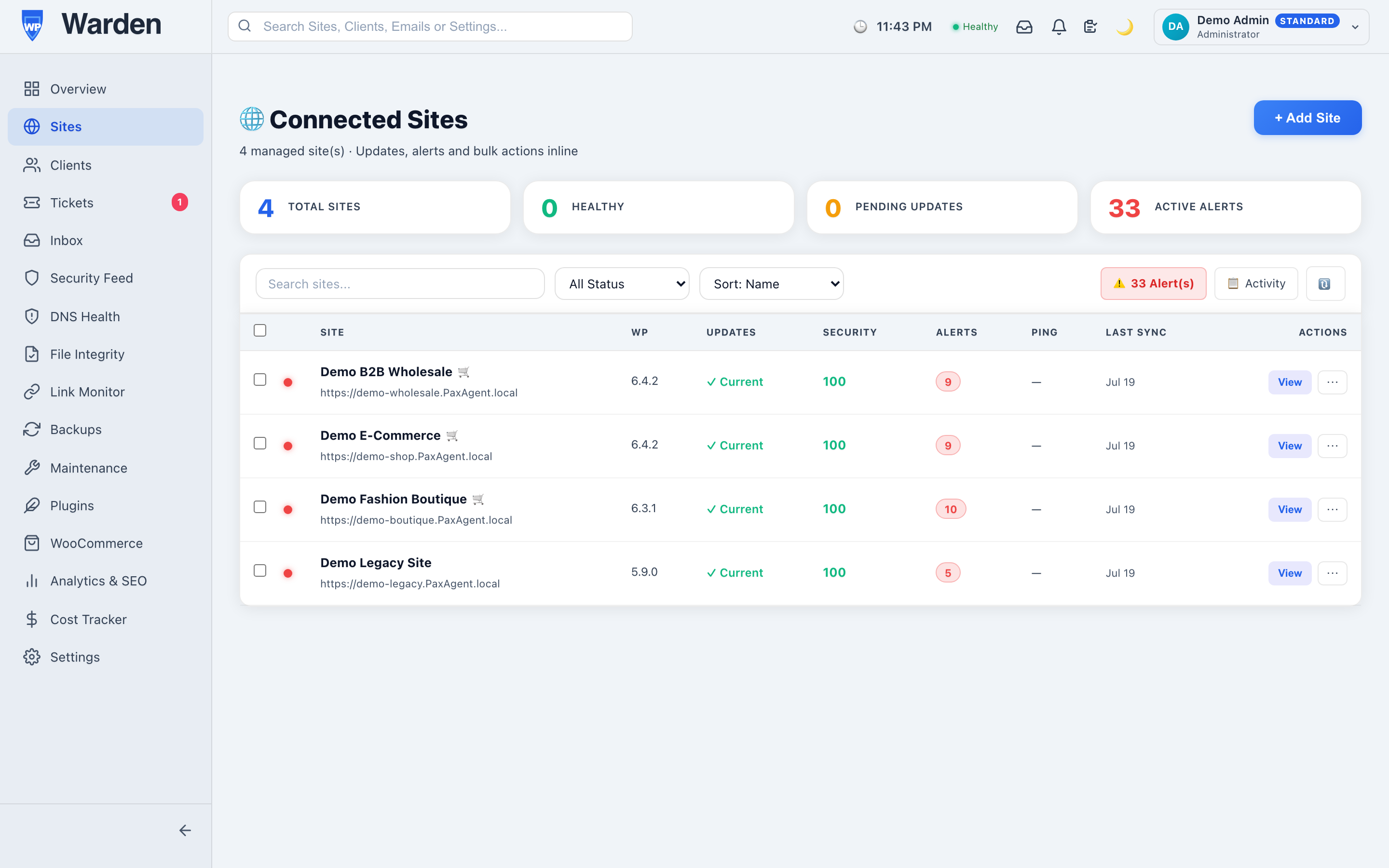 site screenshots fleet wallpapers — WP Warden dashboard screenshot