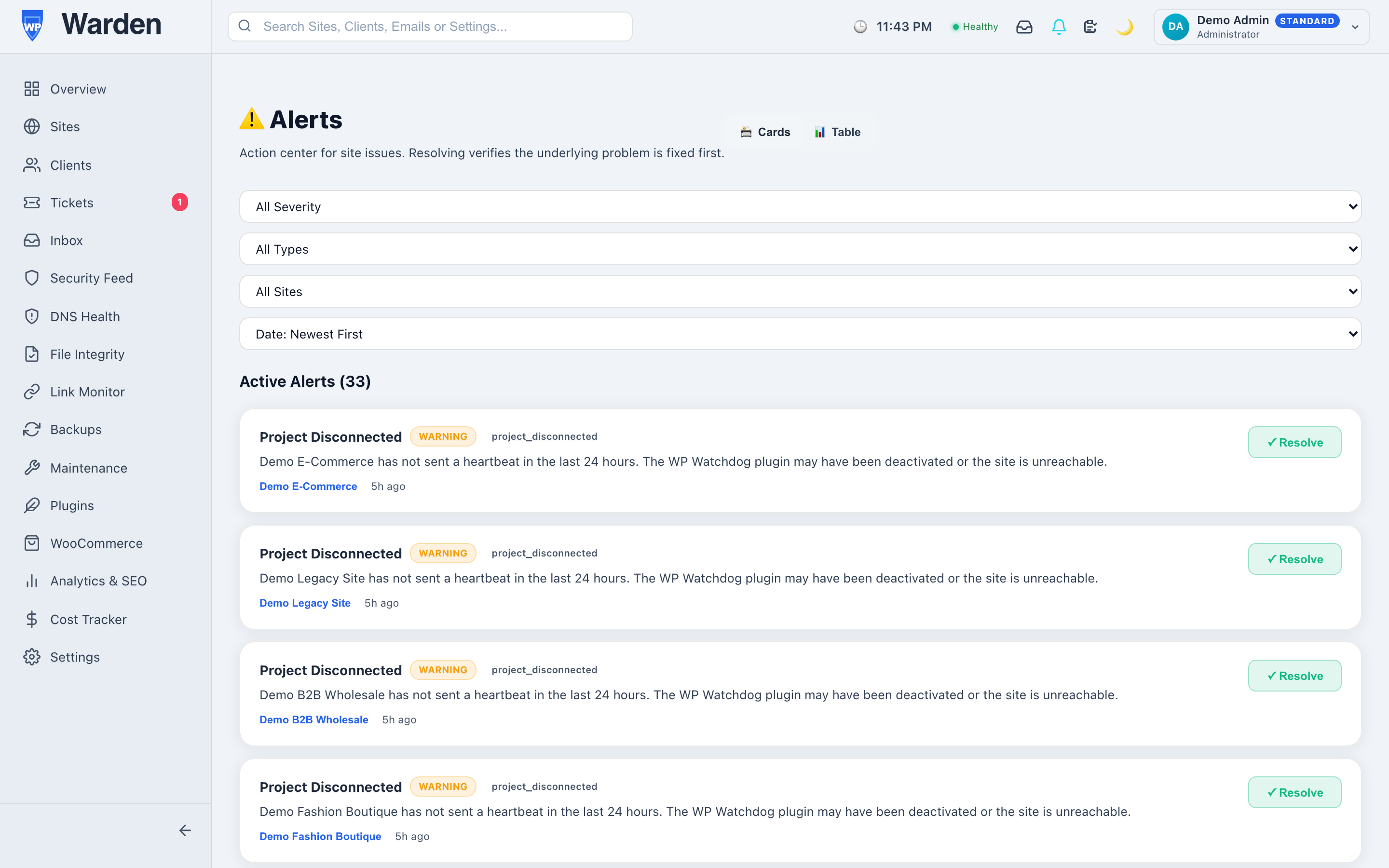 smart alert auto resolution engine — WP Warden dashboard screenshot