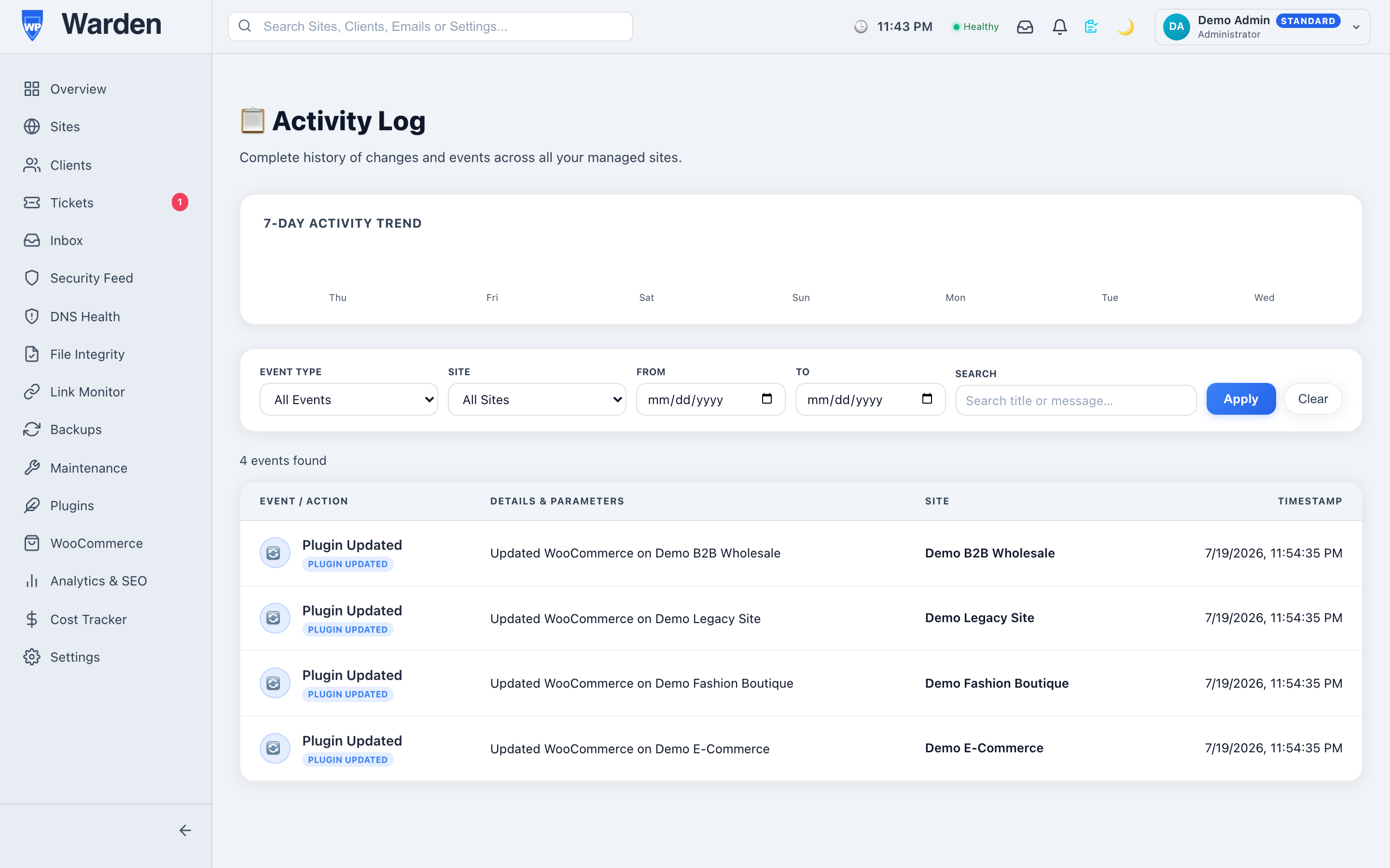 system logs — WP Warden dashboard screenshot
