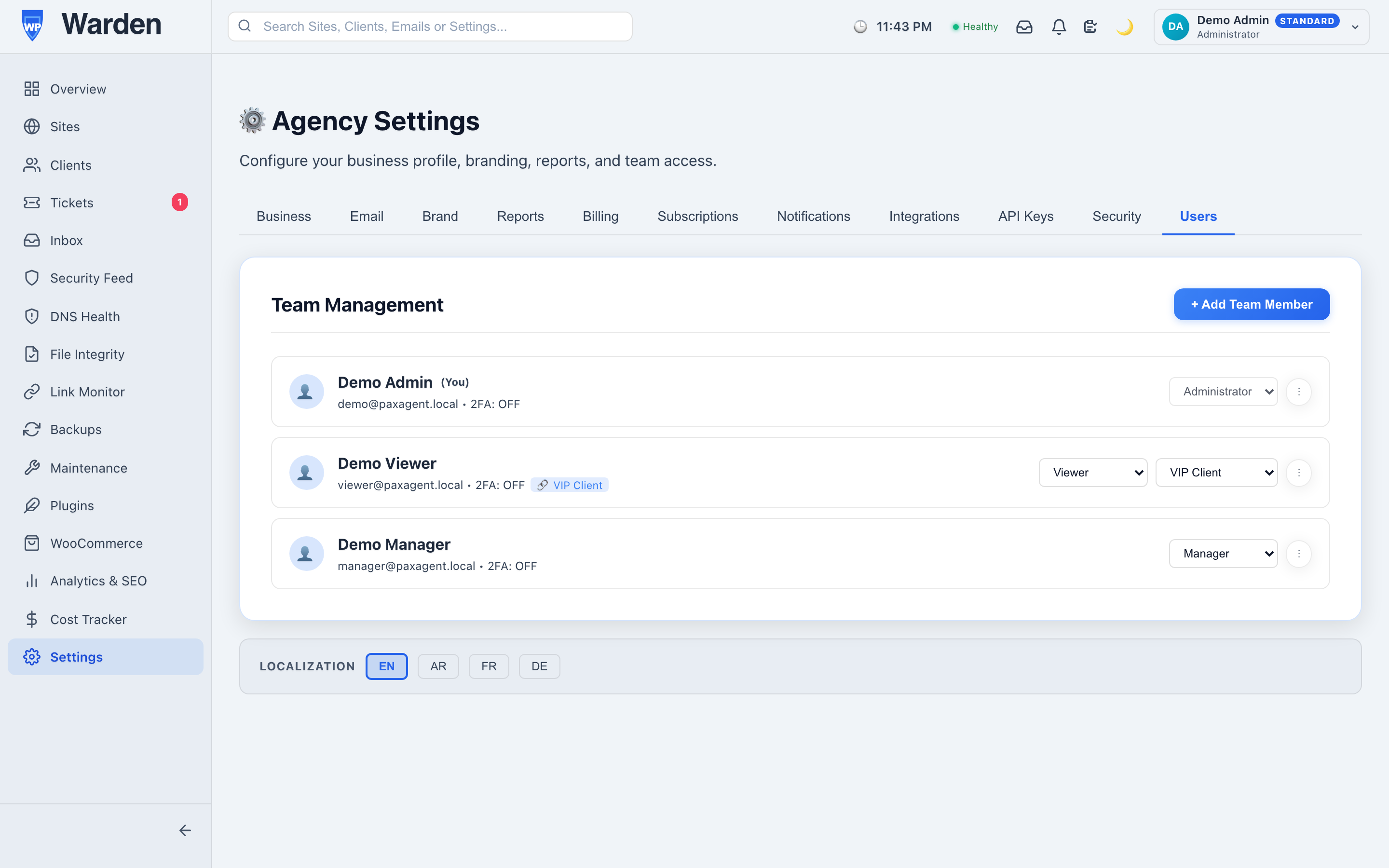 user team management — WP Warden dashboard screenshot