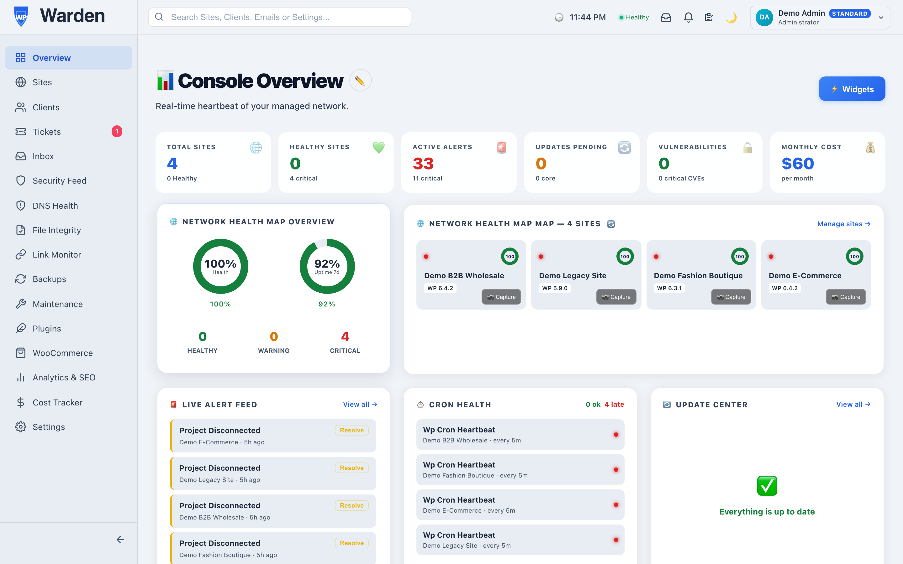 visual regression testing — WP Warden dashboard screenshot