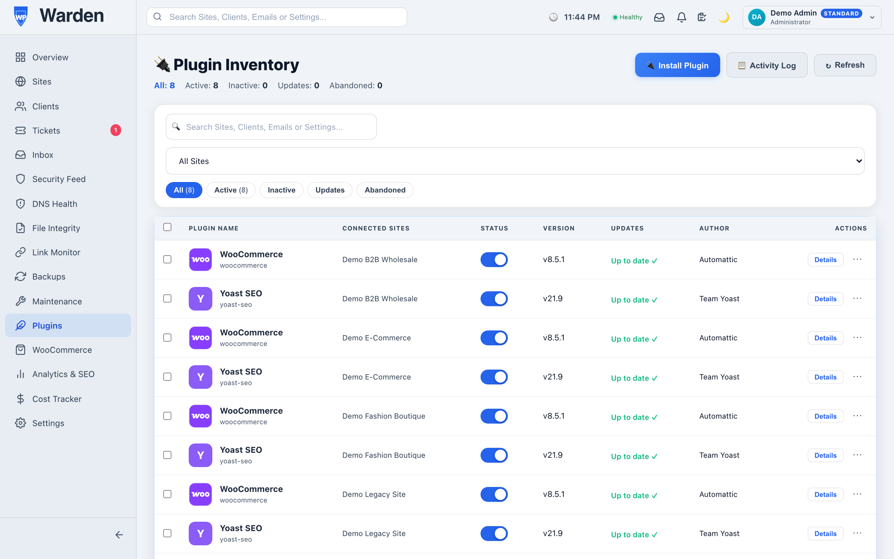 wordpress plugin pax watchdog — WP Warden dashboard screenshot