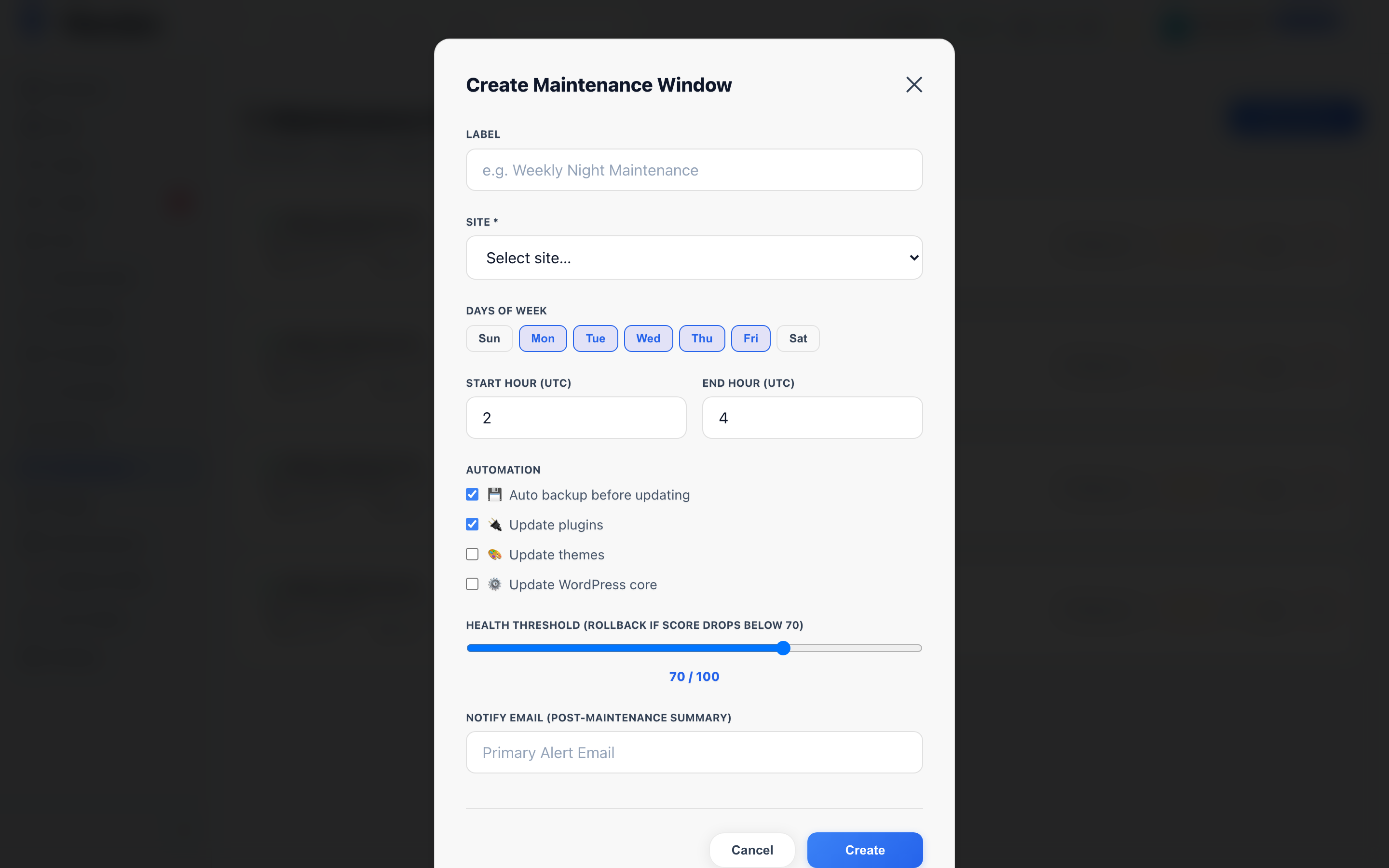 Screenshot: Maintenance Window creation form