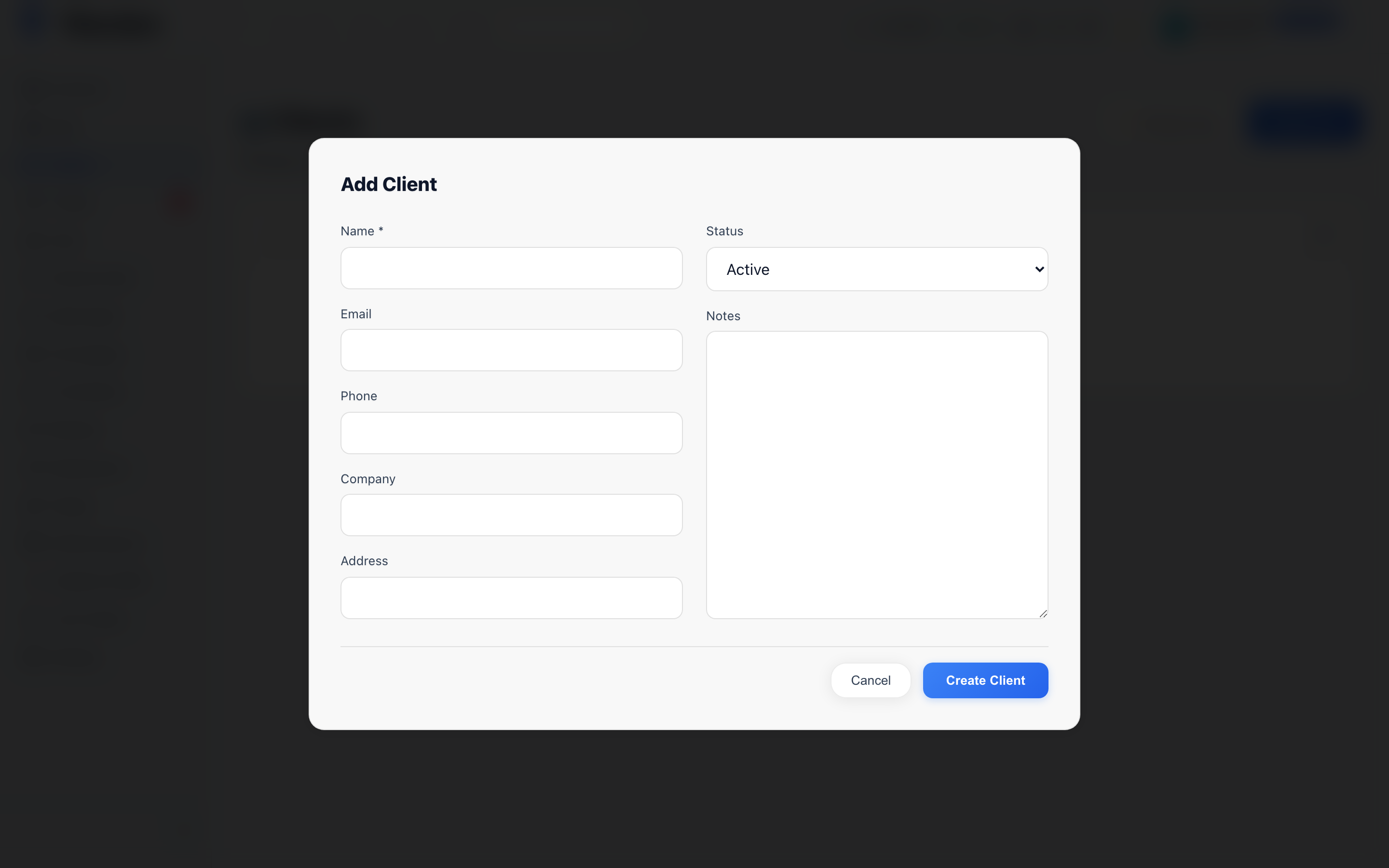 Screenshot: New Client form
