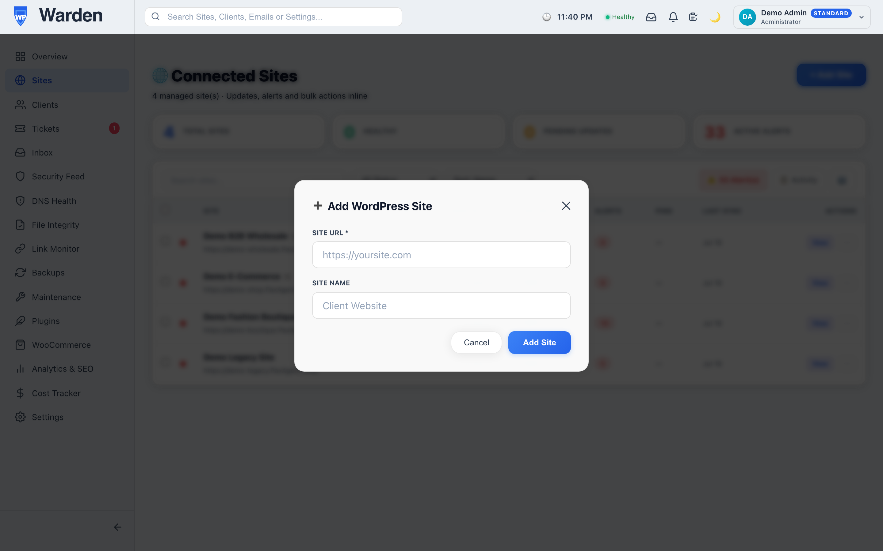 Screenshot: Add Site dialog