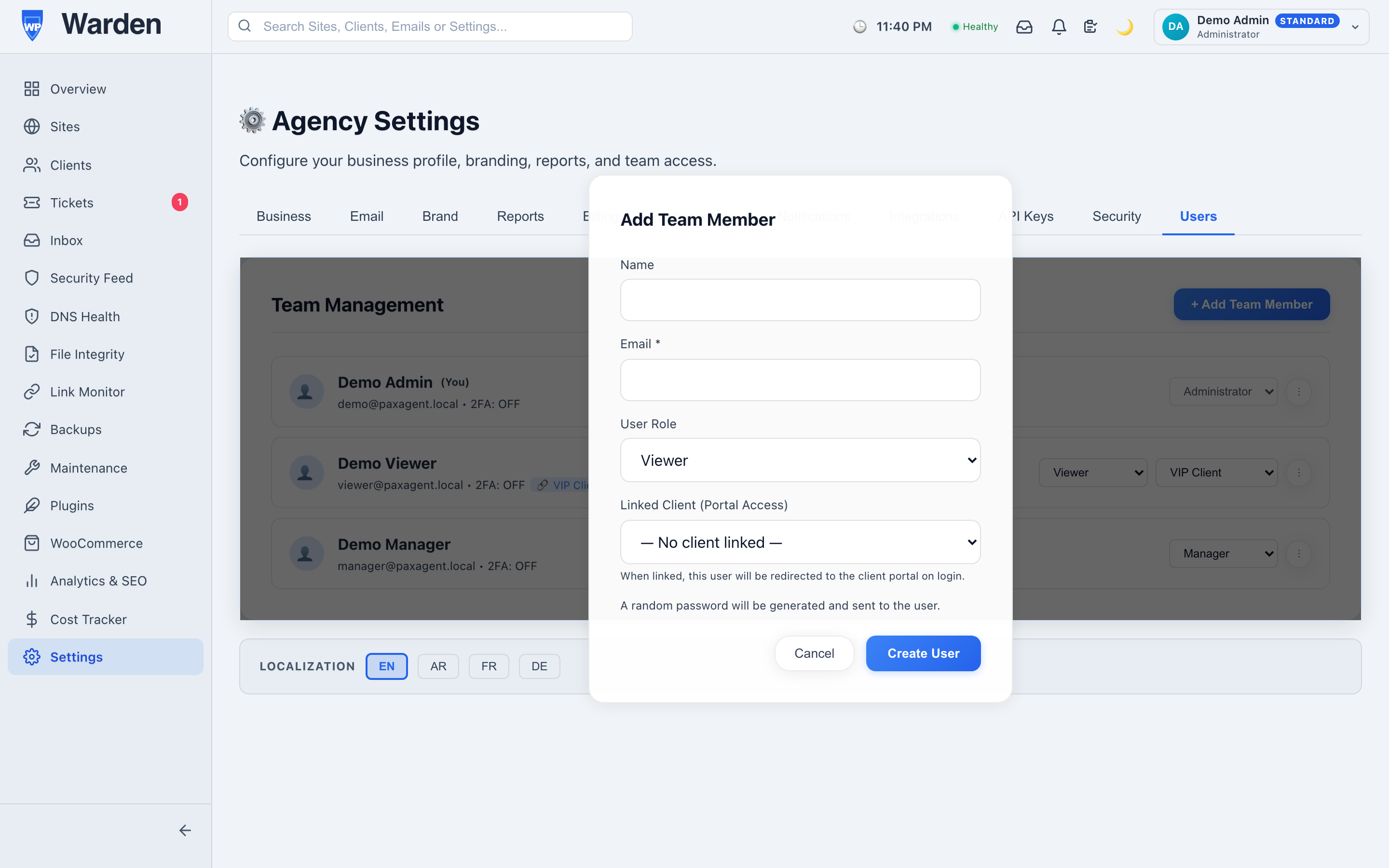 Screenshot: Invite User form in Settings → Users tab