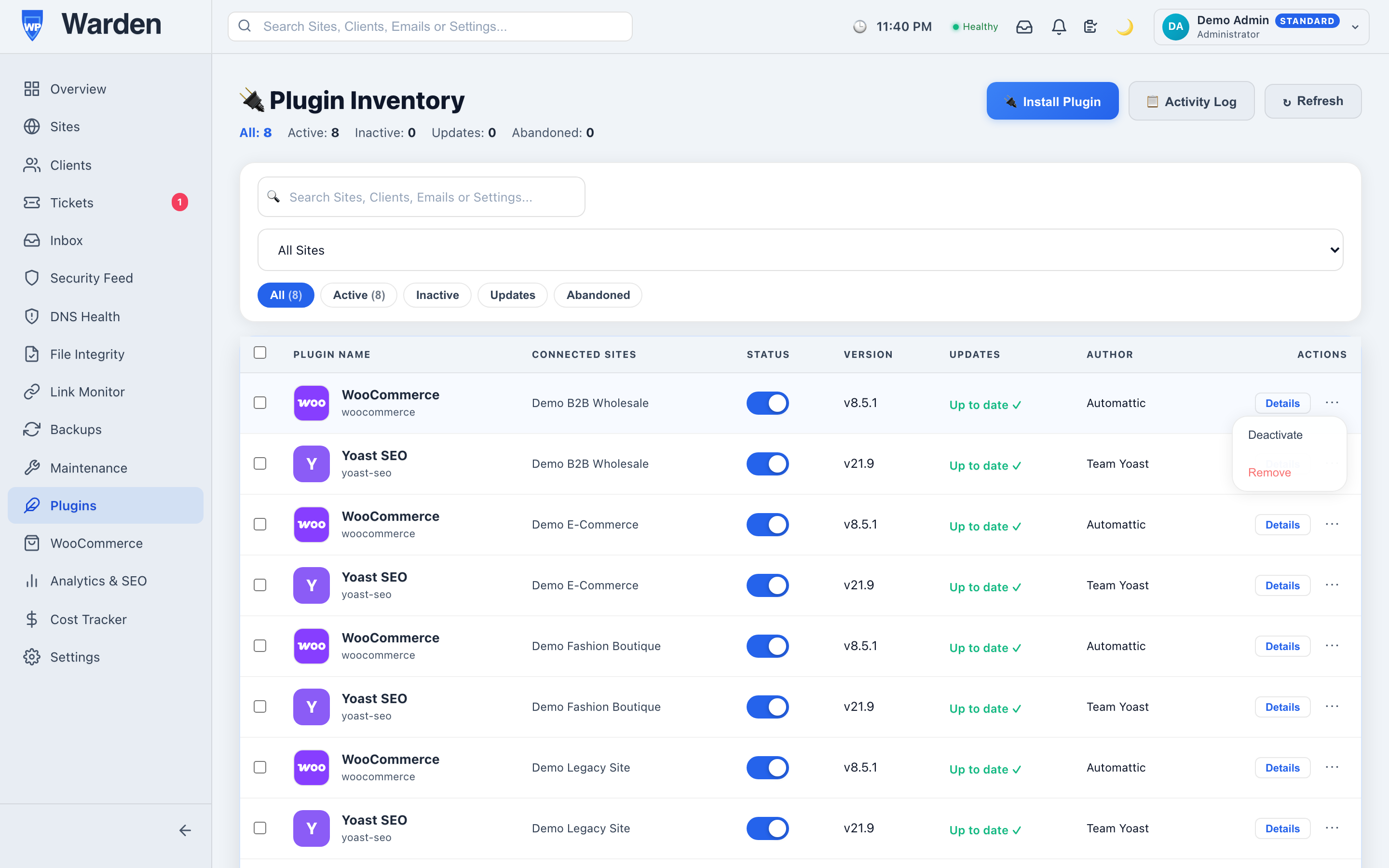 Screenshot: Plugin toggle in the inventory table