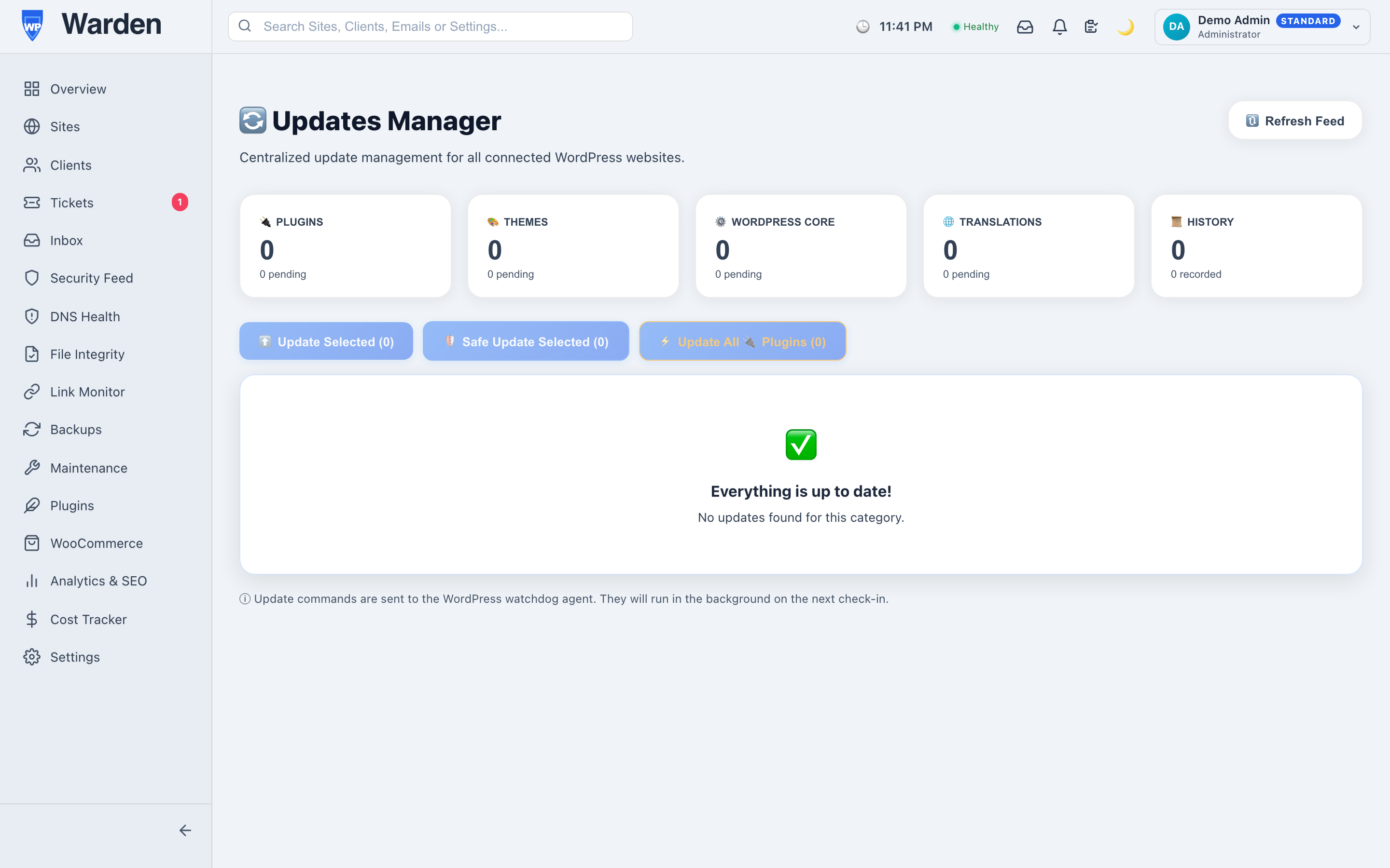 Screenshot: Updates page with multi-select checkboxes