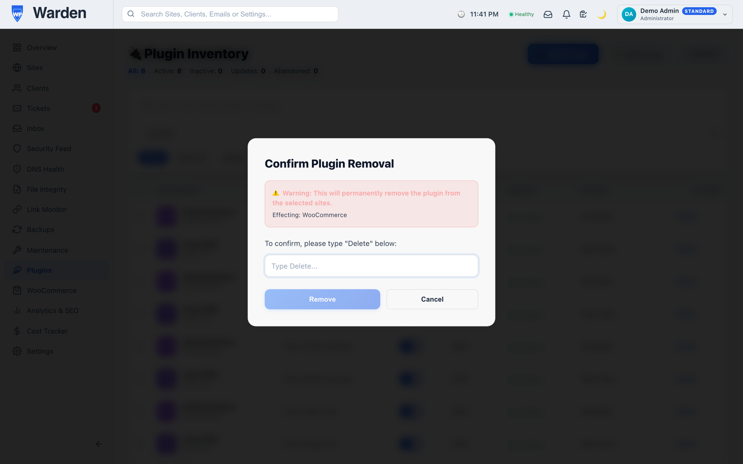 Screenshot: Delete Plugin confirmation dialog