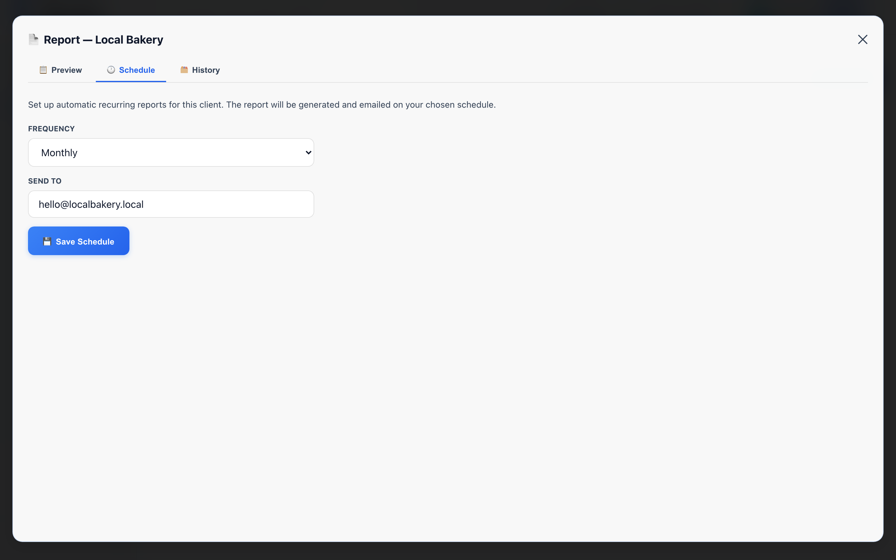 Screenshot: Report modal — Schedule tab