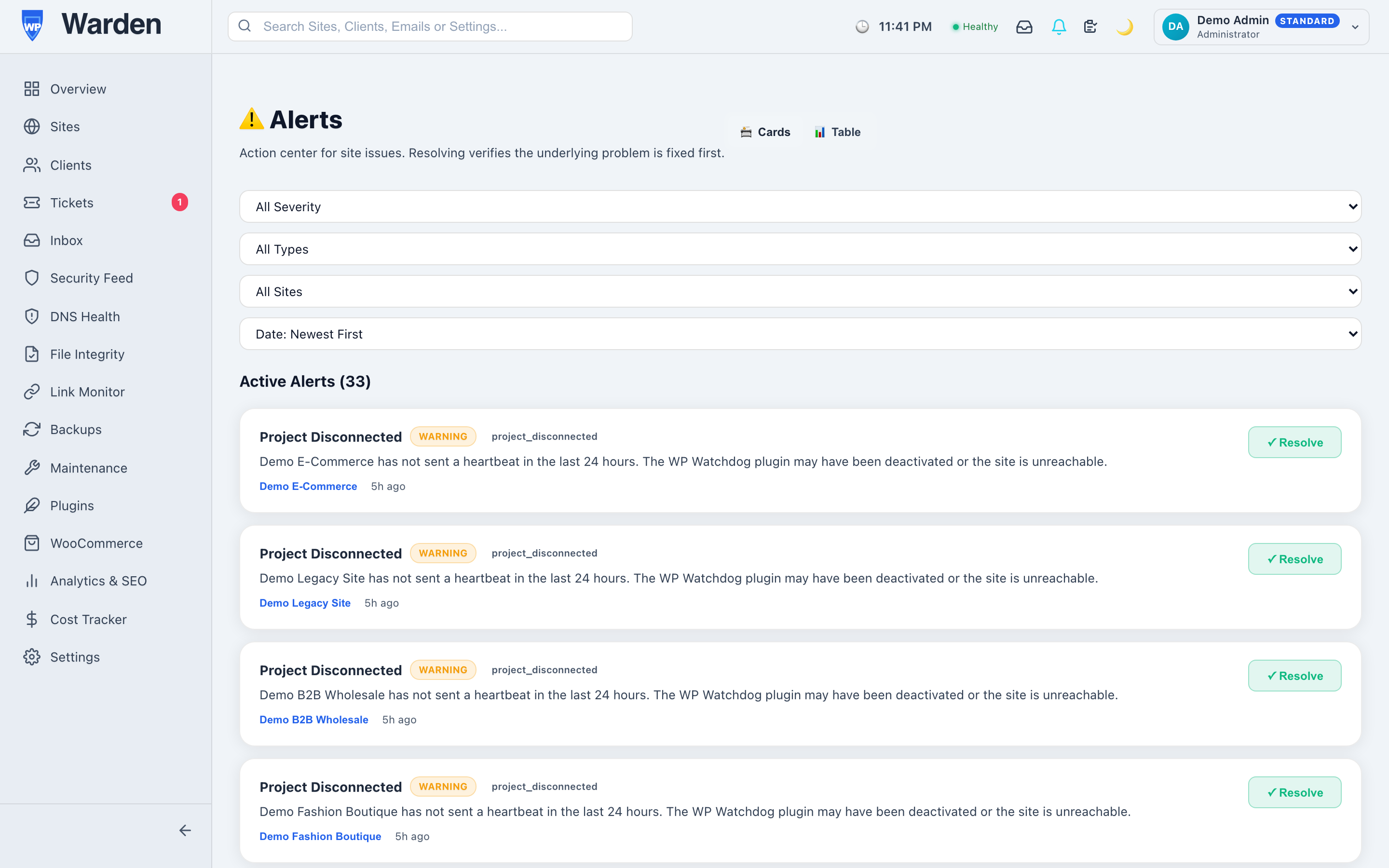 Screenshot: Alerts page with severity filter and Resolve button
