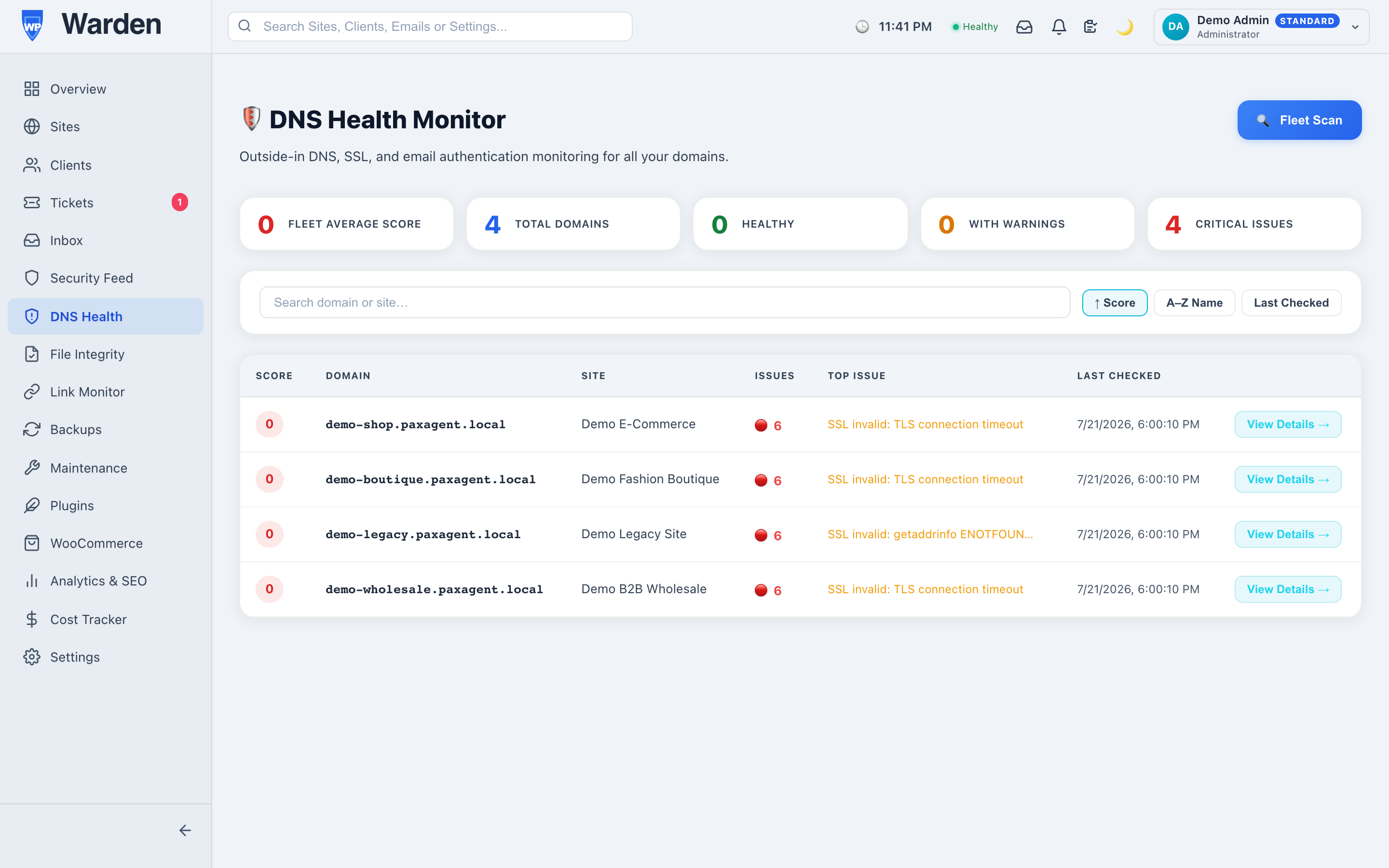Screenshot: Per-site DNS detail page