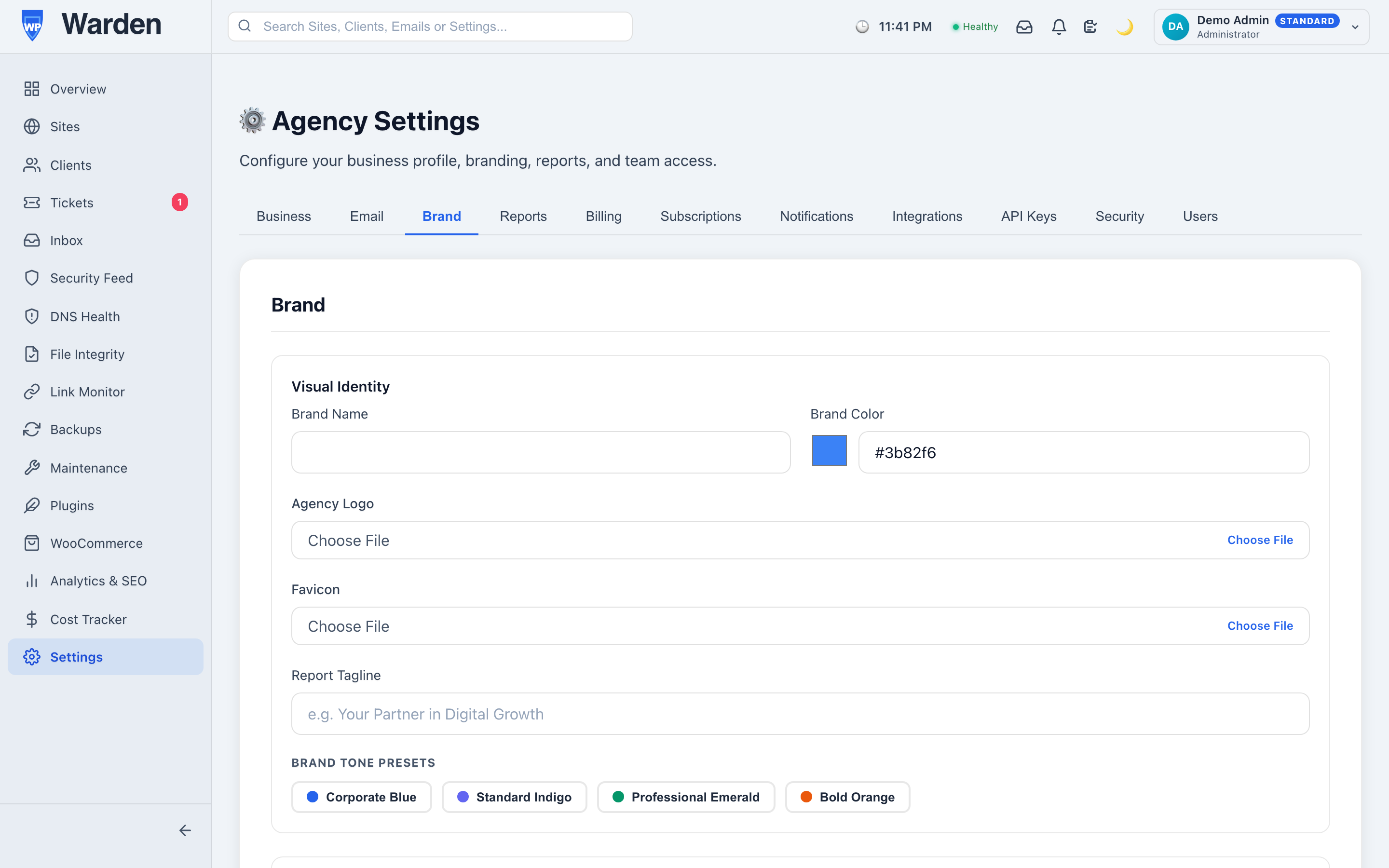 Screenshot: Settings → Brand tab