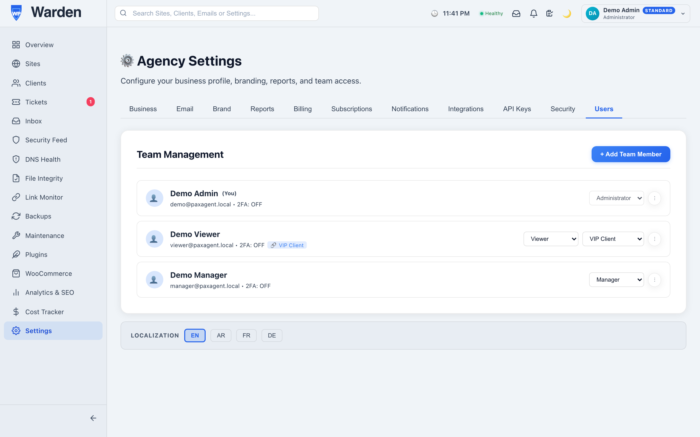 Screenshot: Settings → Users tab