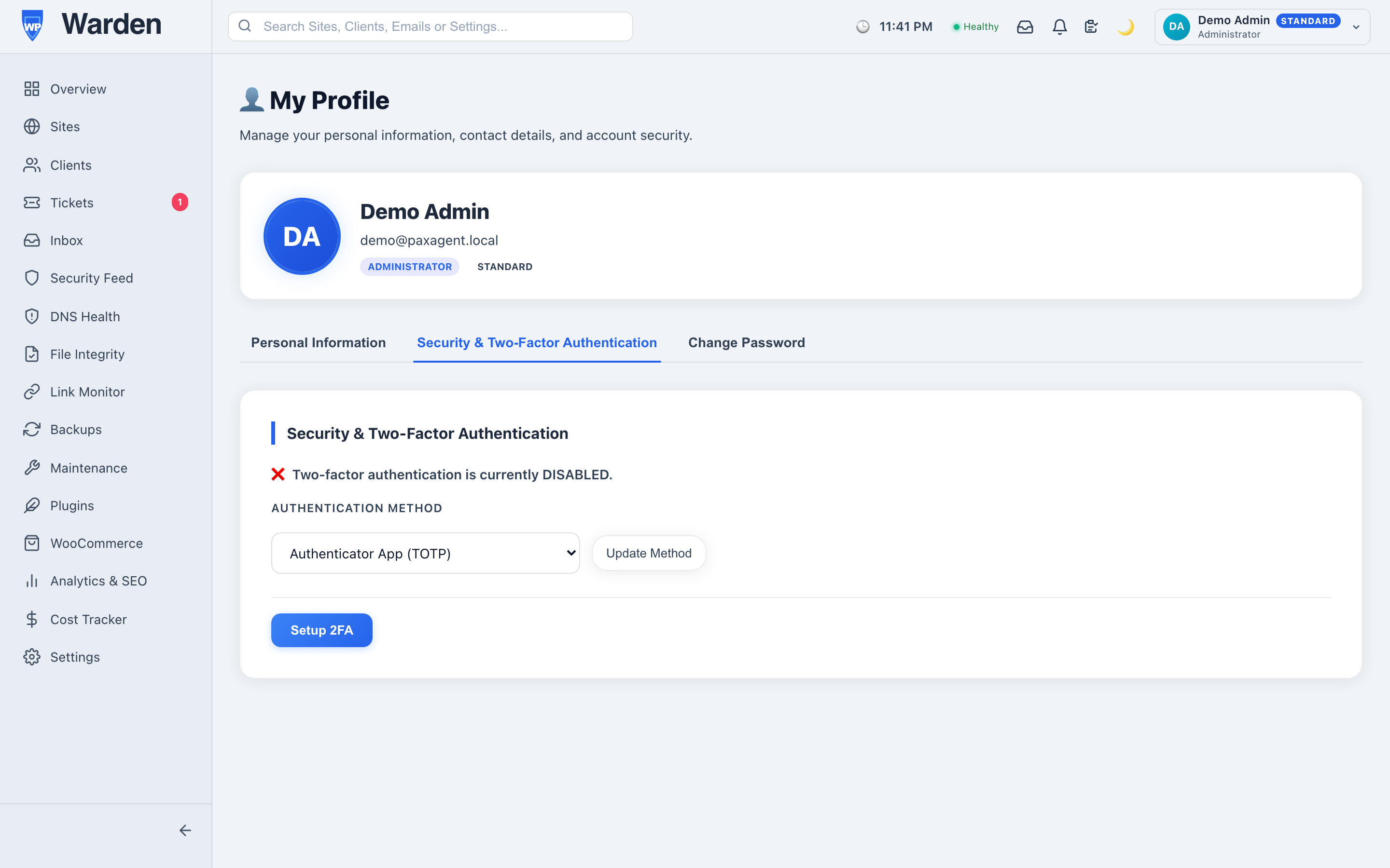 Screenshot: Profile → Security tab — 2FA setup